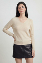 Beige Sophia women's V-neck sweater by Lumina Wear, cozy fit, soft knit, perfect for casual or office wear.