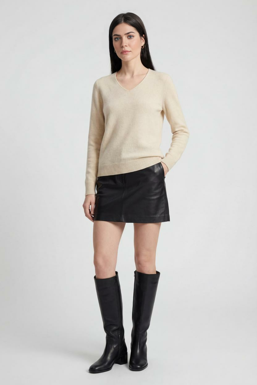 Sophia beige V-neck women's sweater by Lumina Wear, featuring a cozy fit and flattering design, displayed on a neutral background.