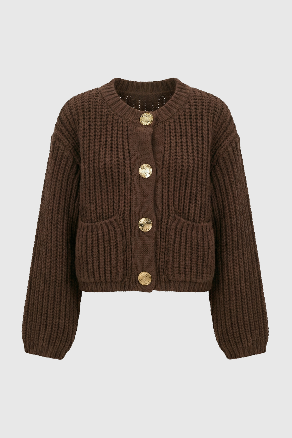 Cozy brown knit cardigan from Lumina Wear, relaxed fit sweater with button details, perfect for casual layered styling.