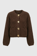 Sophia Lumina Wear cozy brown knit cardigan with relaxed fit, featuring soft texture and casual style, perfect for layering.
