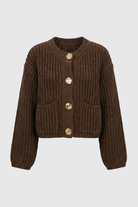 Cozy brown knit cardigan from Lumina Wear, relaxed fit sweater with button details, perfect for casual layered styling.