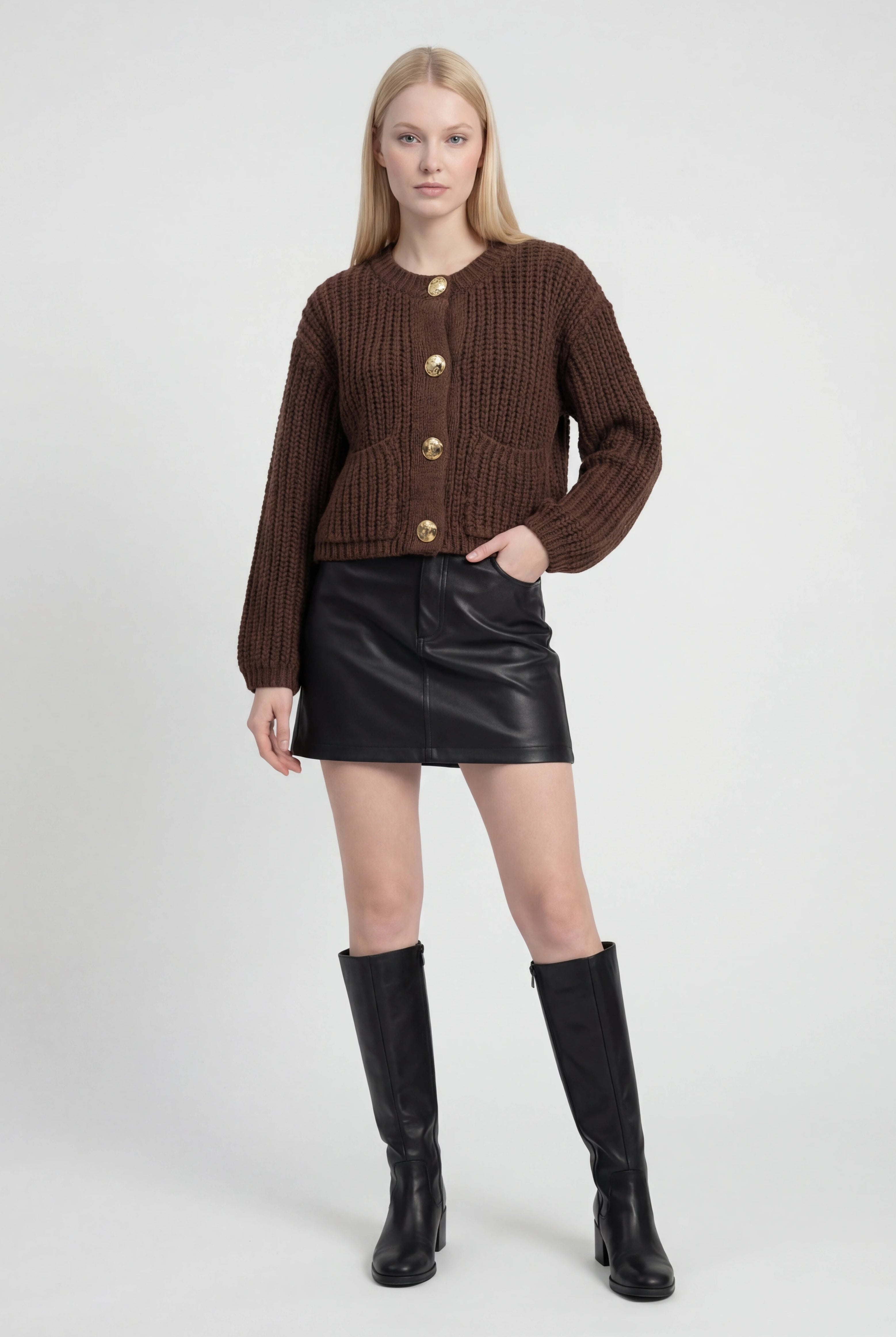 Sophia cozy brown knit cardigan by Lumina Wear, relaxed fit sweater with soft texture and casual style, perfect for layering.