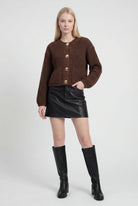 Sophia cozy brown knit cardigan by Lumina Wear, relaxed fit sweater with soft texture and casual style, perfect for layering.