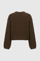 Sophia Lumina Wear cozy brown knit cardigan with relaxed fit, long sleeves, and open front for comfortable casual style.