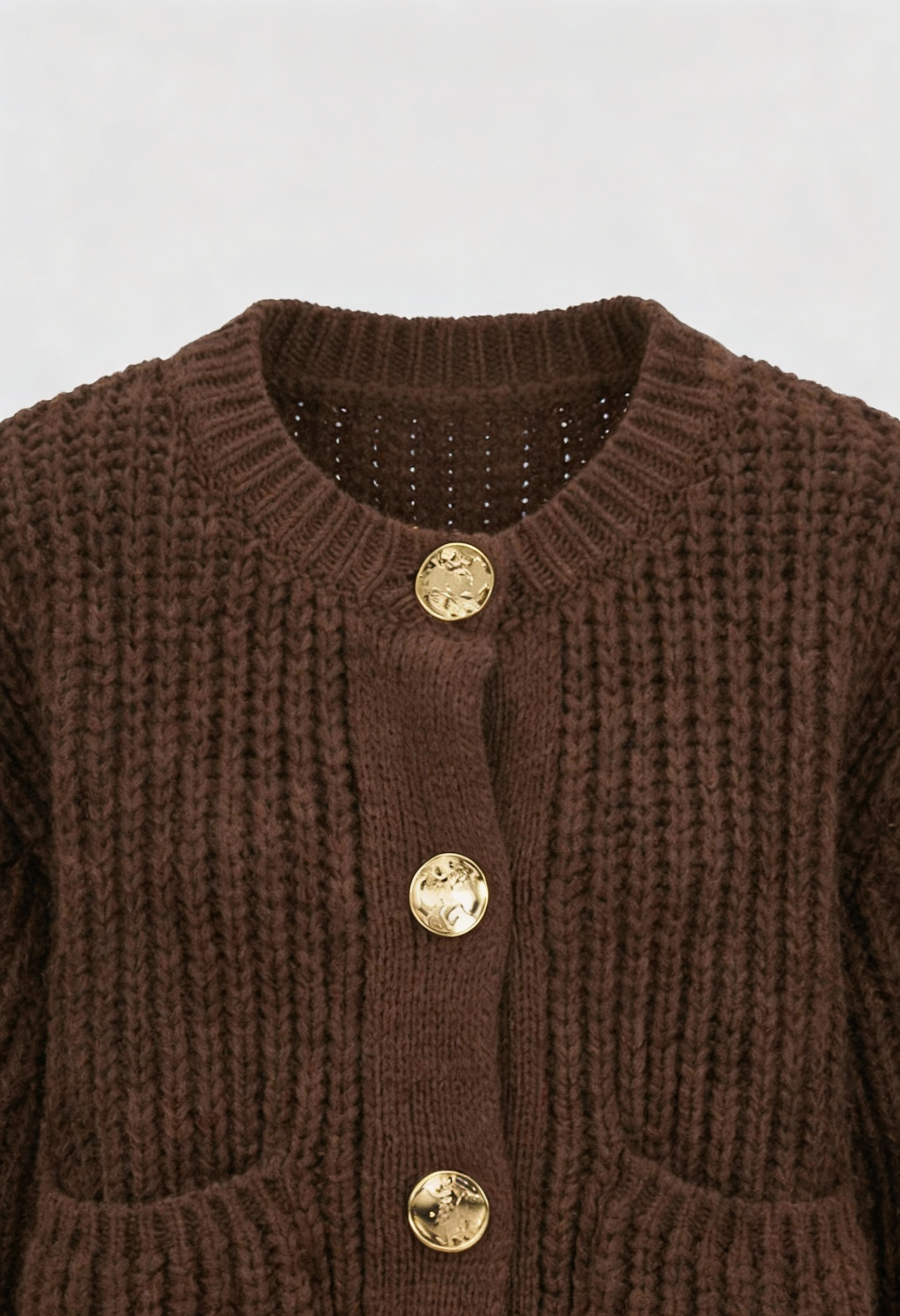 Sophia cozy brown knit cardigan by Lumina Wear featuring a relaxed fit, long sleeves, and soft textured fabric.