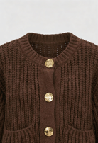 Sophia cozy brown knit cardigan by Lumina Wear featuring a relaxed fit, long sleeves, and soft textured fabric.