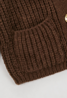 Sophia cozy brown knit cardigan by Lumina Wear featuring a relaxed fit, soft texture, and casual style, perfect for layering.
