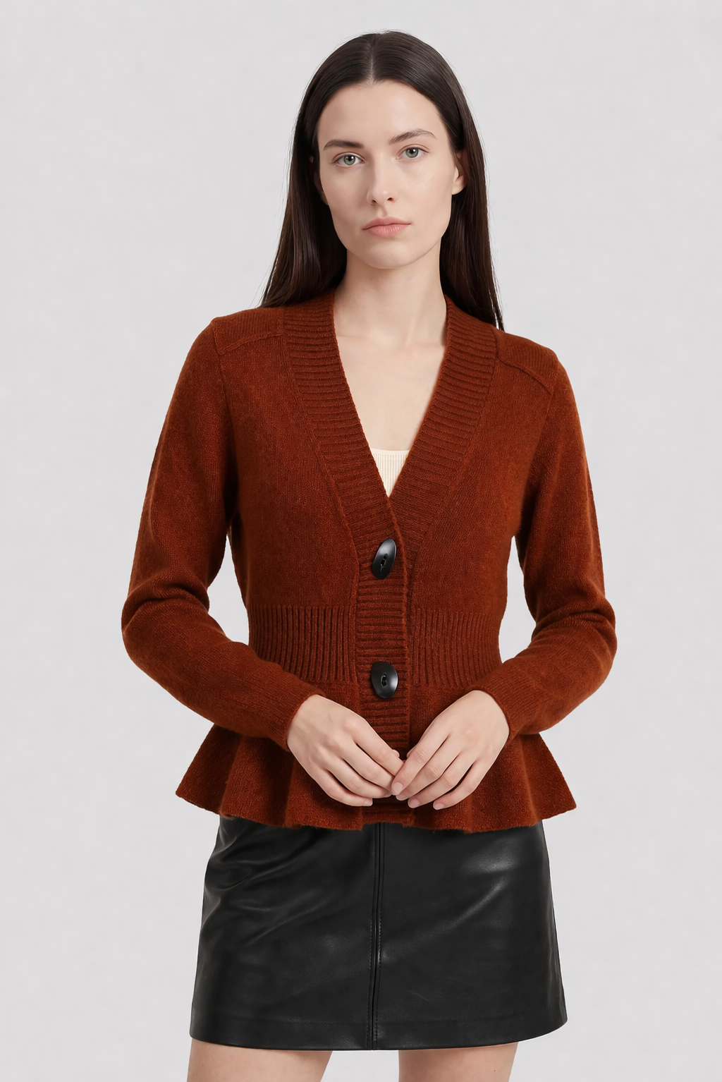 Sophia Lumina Wear cozy brown long cardigan with relaxed fit, soft knit sweater perfect for casual, comfortable style.