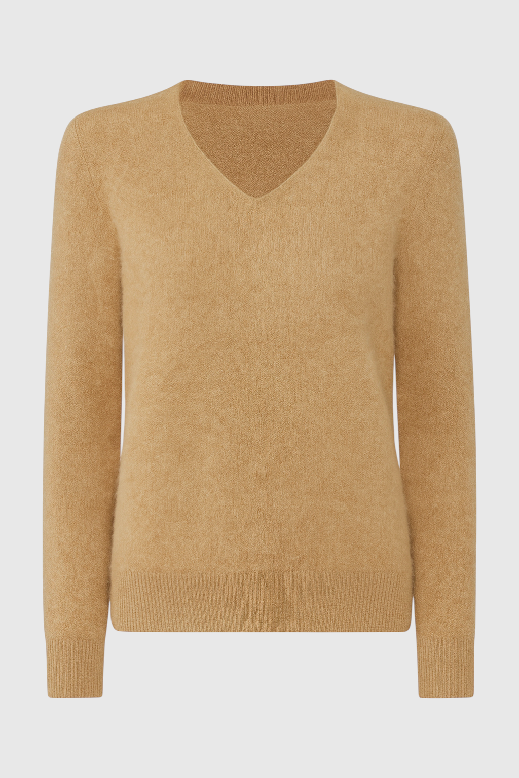 Sophia Lumina Wear cozy brown V-neck sweater with flattering fit, shown on a model, perfect for casual and stylish fall outfits.
