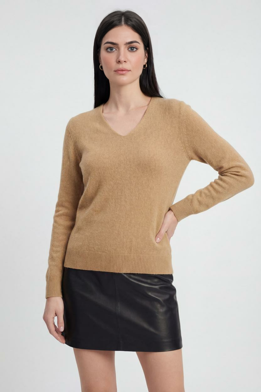 Lumina Wear Sophia cozy brown V-neck sweater with a flattering fit, displayed on a model. Soft, stylish knitwear for casual wear.