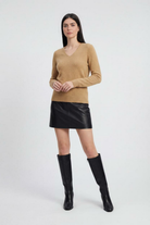 Lumina Wear Sophia cozy brown v-neck sweater with flattering fit, shown on a model, perfect for casual and stylish winter wear.
