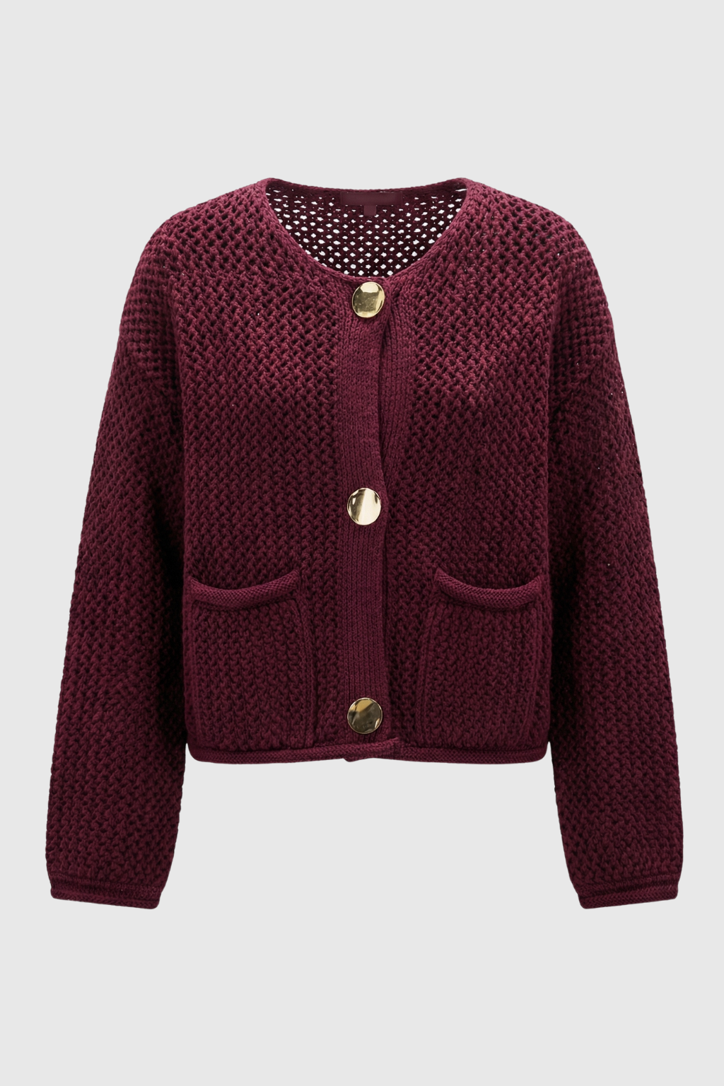Lumina Wear Sophia cozy burgundy knit cardigan sweater with ribbed details for women, featuring a soft, stylish design.