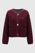 Sophia Lumina Wear burgundy knit cardigan sweater with ribbed details, cozy long-sleeve women’s cardigan for fall and winter.