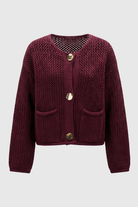 Lumina Wear Sophia cozy burgundy knit cardigan sweater with ribbed details for women, featuring a soft, stylish design.