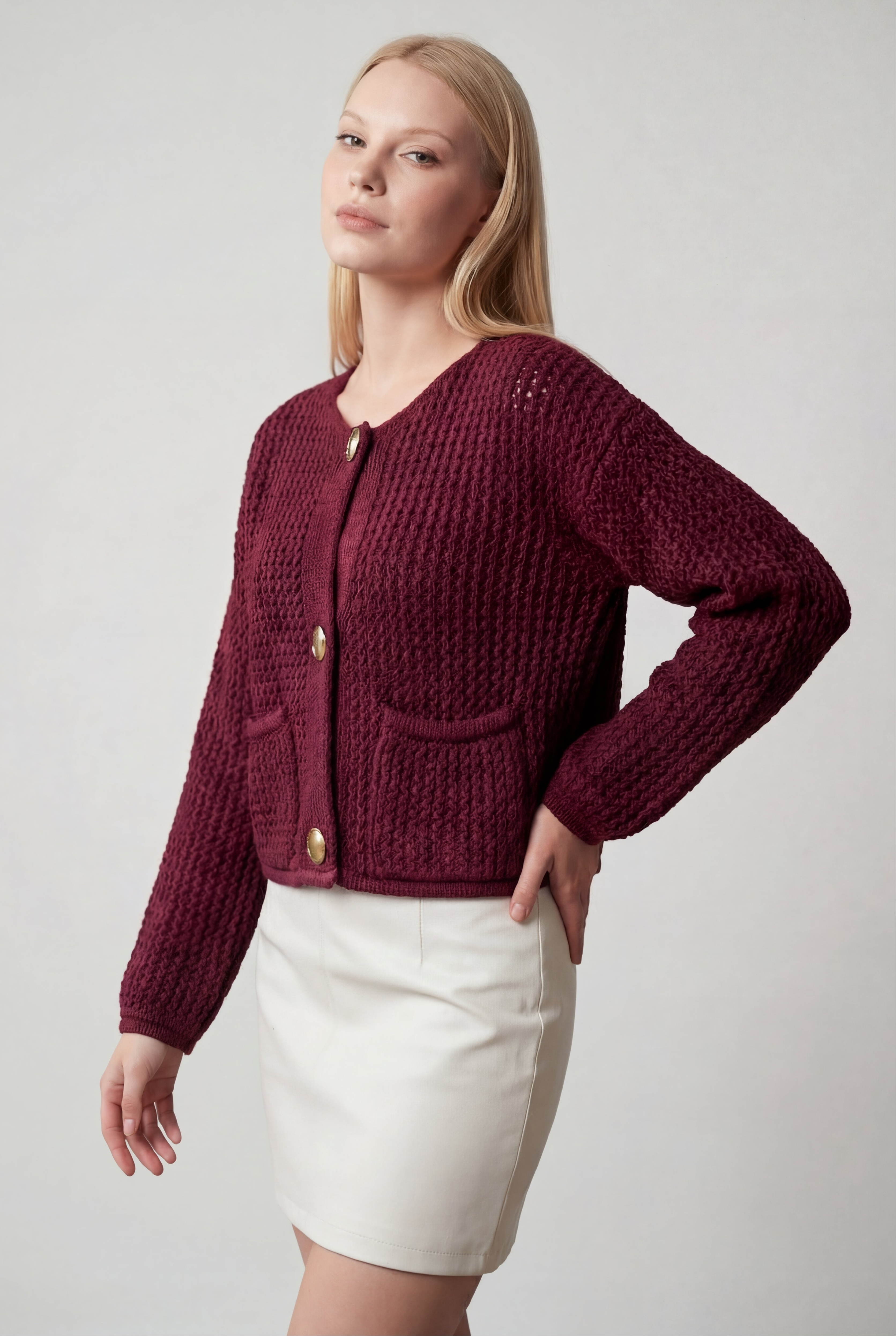 Sophia Burgundy Knit Cardigan Sweater by Lumina Wear featuring ribbed details, cozy fit, perfect for women's casual layering.
