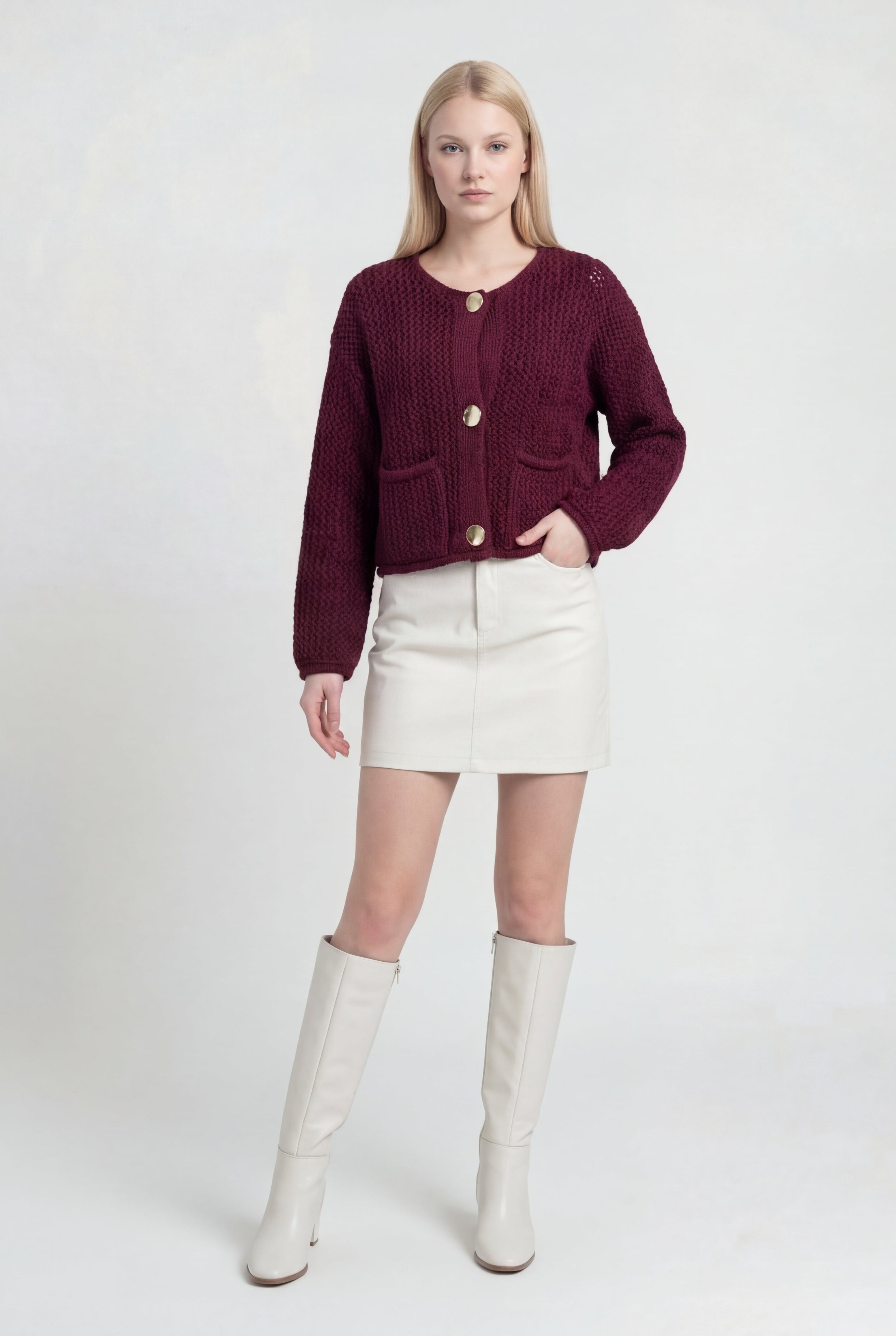 Lumina Wear Sophia burgundy knit cardigan sweater with ribbed details, women's cozy knitwear for layered style.