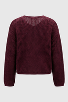 Sophia burgundy knit cardigan sweater for women with ribbed details from Lumina Wear, featuring a cozy, stylish design.