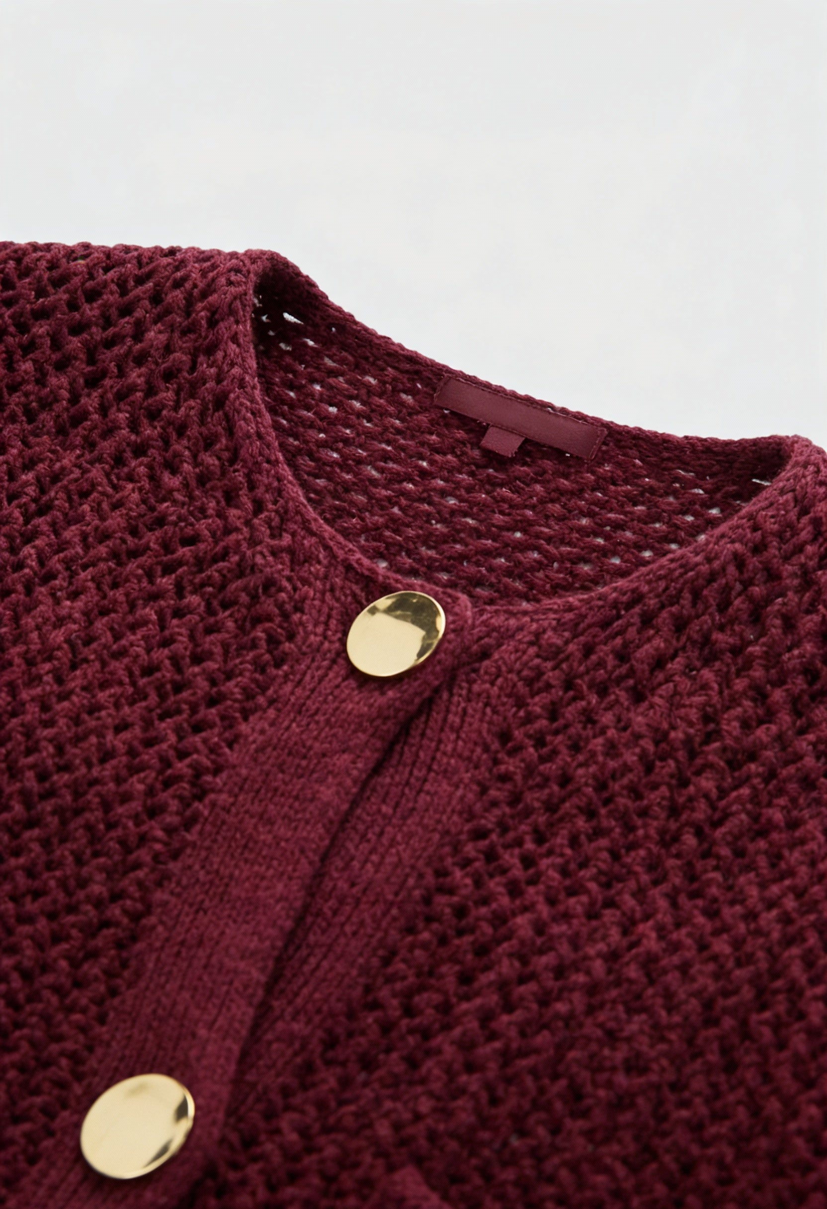 Sophia burgundy knit cardigan sweater with ribbed details from Lumina Wear, women's cozy knit cardigan with long sleeves and front pocket.