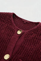 Sophia burgundy knit cardigan sweater with ribbed details from Lumina Wear, women's cozy knit cardigan with long sleeves and front pocket.