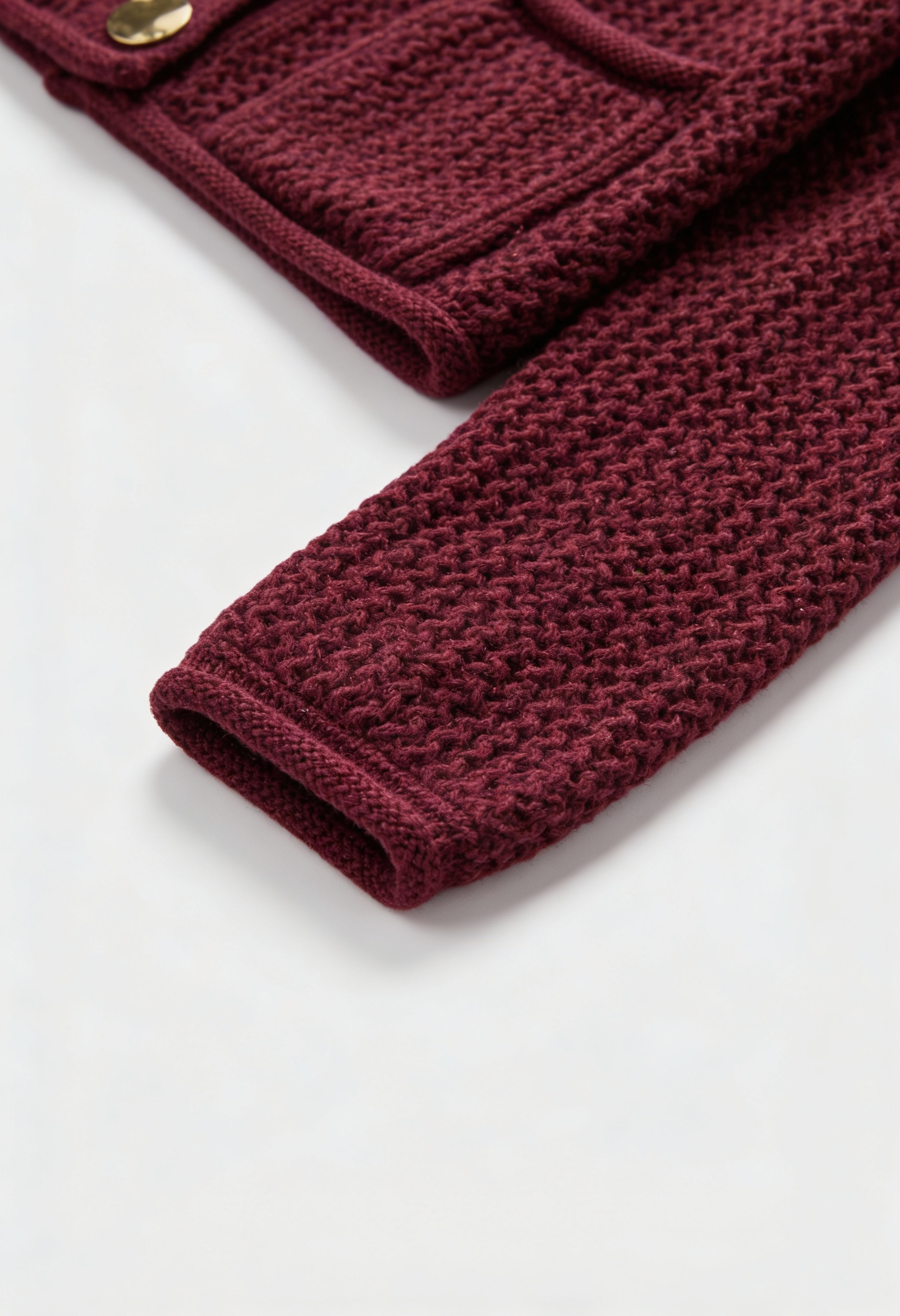 Sophia burgundy knit cardigan sweater with ribbed details, women's Lumina Wear cozy cardigan, front view showing soft fabric and fit