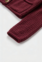 Sophia burgundy knit cardigan sweater with ribbed details, women's Lumina Wear cozy cardigan, front view showing soft fabric and fit