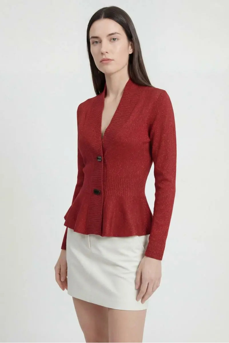 Sophia Lumina Burgundy long cardigan sweater with relaxed fit, cozy knit, and open front, ideal for casual layered looks.