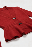 Sophia Lumina Burgundy long cardigan sweater with relaxed fit, cozy knit, and open front, styled on a model.
