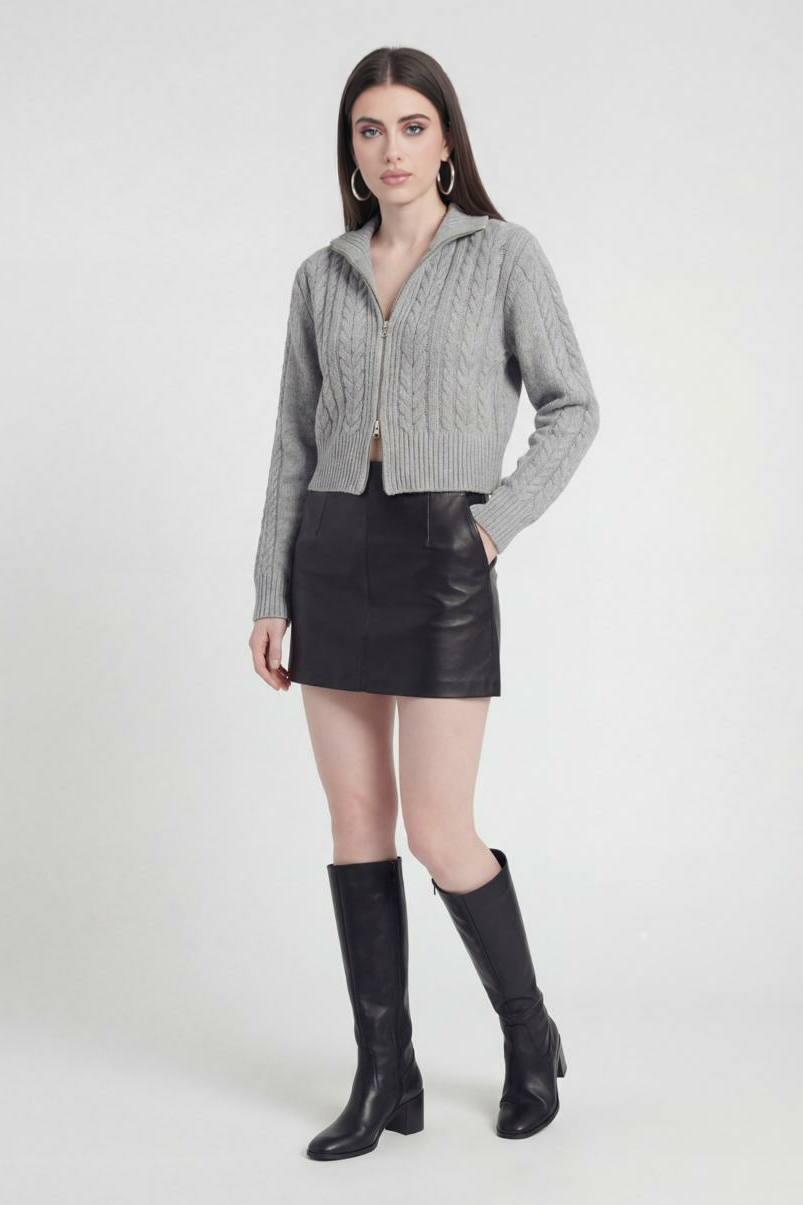 Sophia Lumina gray long cardigan sweater with a relaxed fit, cozy knit, and open front, perfect for casual layering.