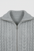 Sophia Lumina gray long cardigan sweater with relaxed fit, cozy knit, and open front, styled casually.