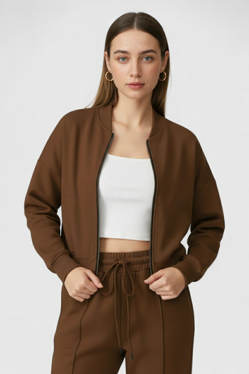 Lumina Wear Sophia cozy high-waist sweatpants and sweatshirt set with zipper detail, brown activewear ensemble.