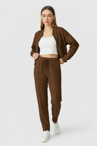 Lumina Wear Sophia cozy high waist sweatpants and sweatshirt set with zipper detail in brown, casual activewear ensemble.