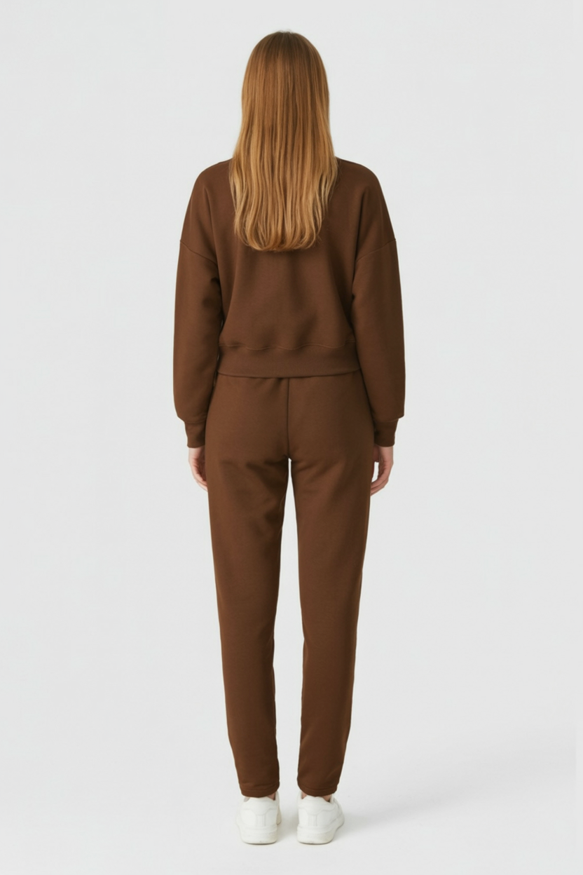 Lumina Wear Sophia cozy high-waist sweatpants and sweatshirt set with zipper detail, in brown, activewear set for comfort and style.