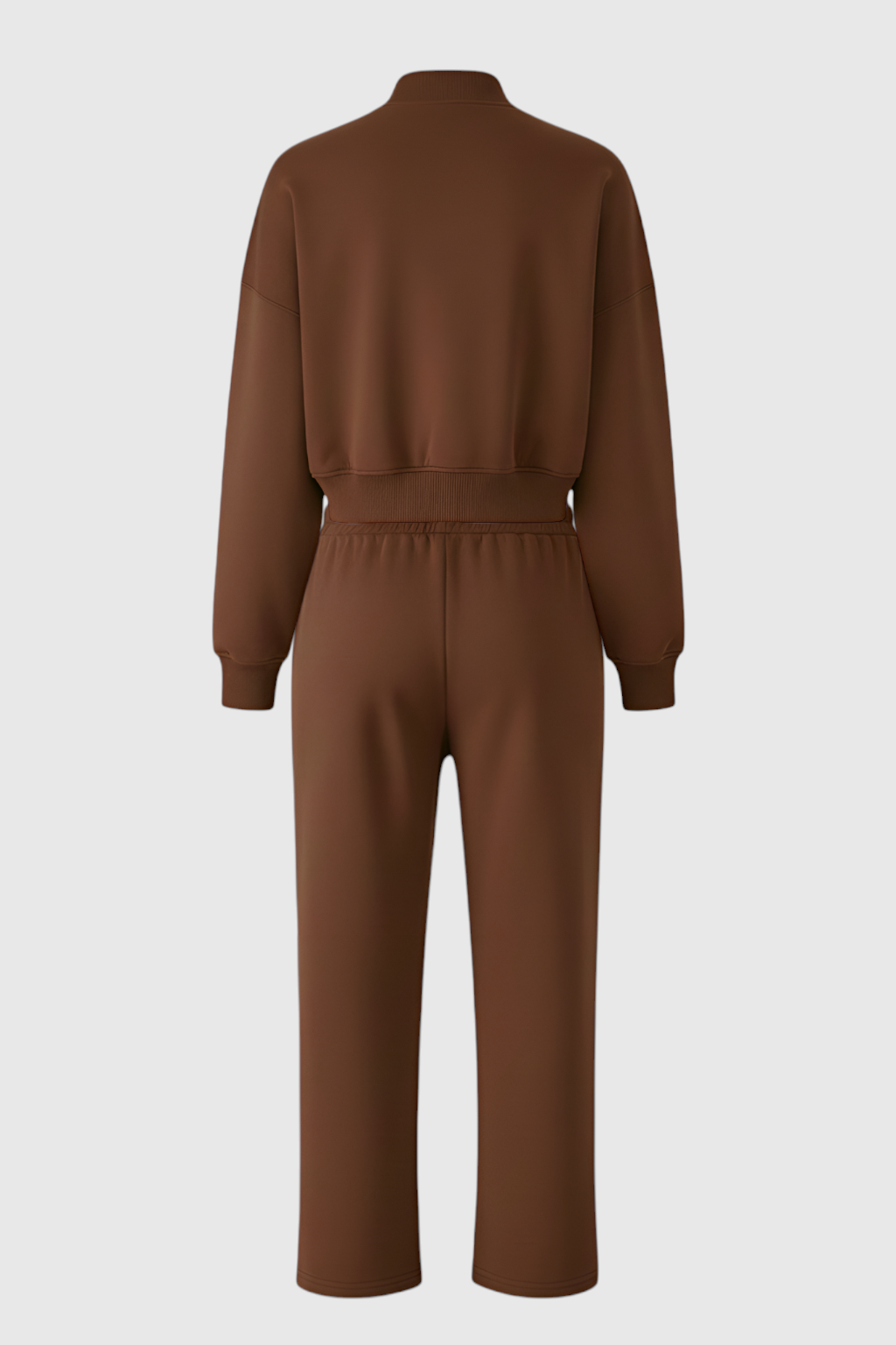 Lumina Wear Sophia cozy high waist sweatpants and sweatshirt set with zipper detail in brown, perfect for activewear and casual wear.