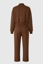Lumina Wear Sophia cozy high waist sweatpants and sweatshirt set with zipper detail in brown, perfect for activewear and casual wear.