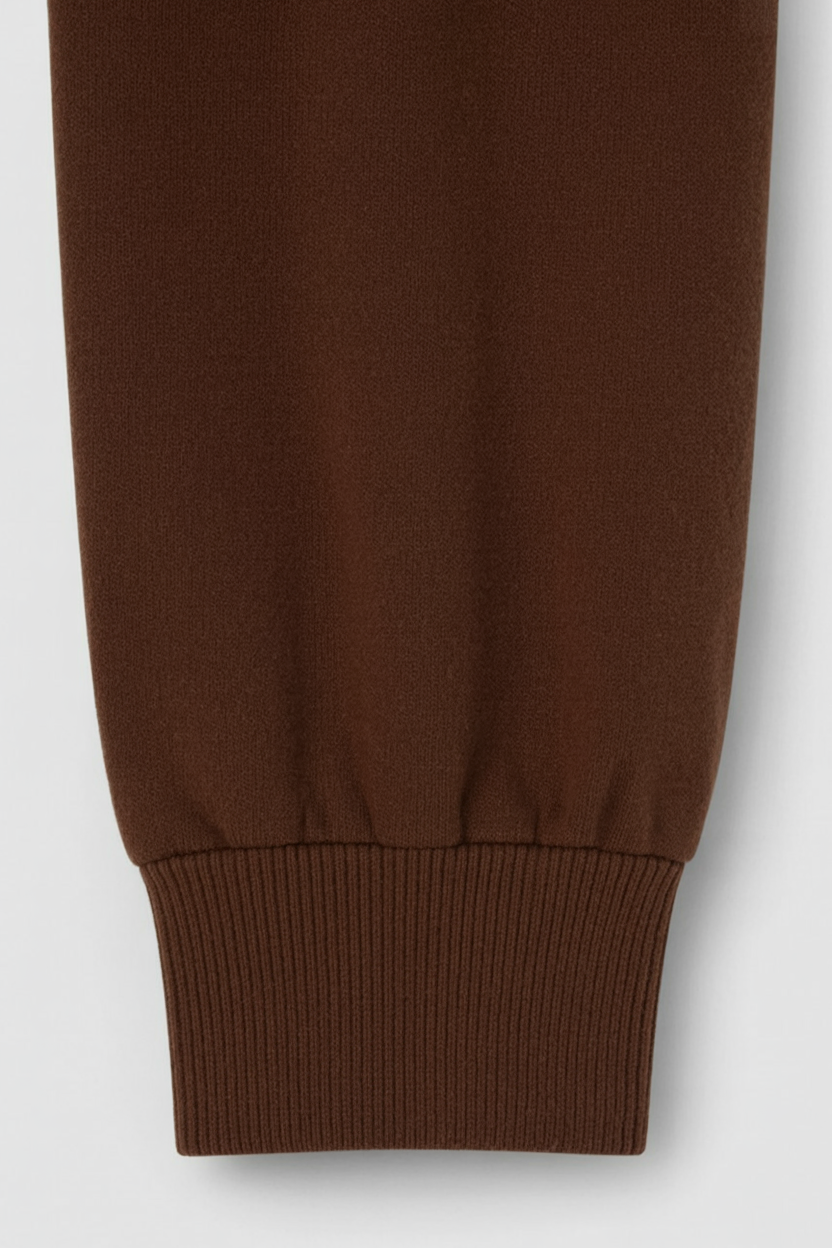 Lumina Wear Sophia cozy high-waist sweatpants and sweatshirt set with zipper detail in brown, perfect for activewear and casual wear.