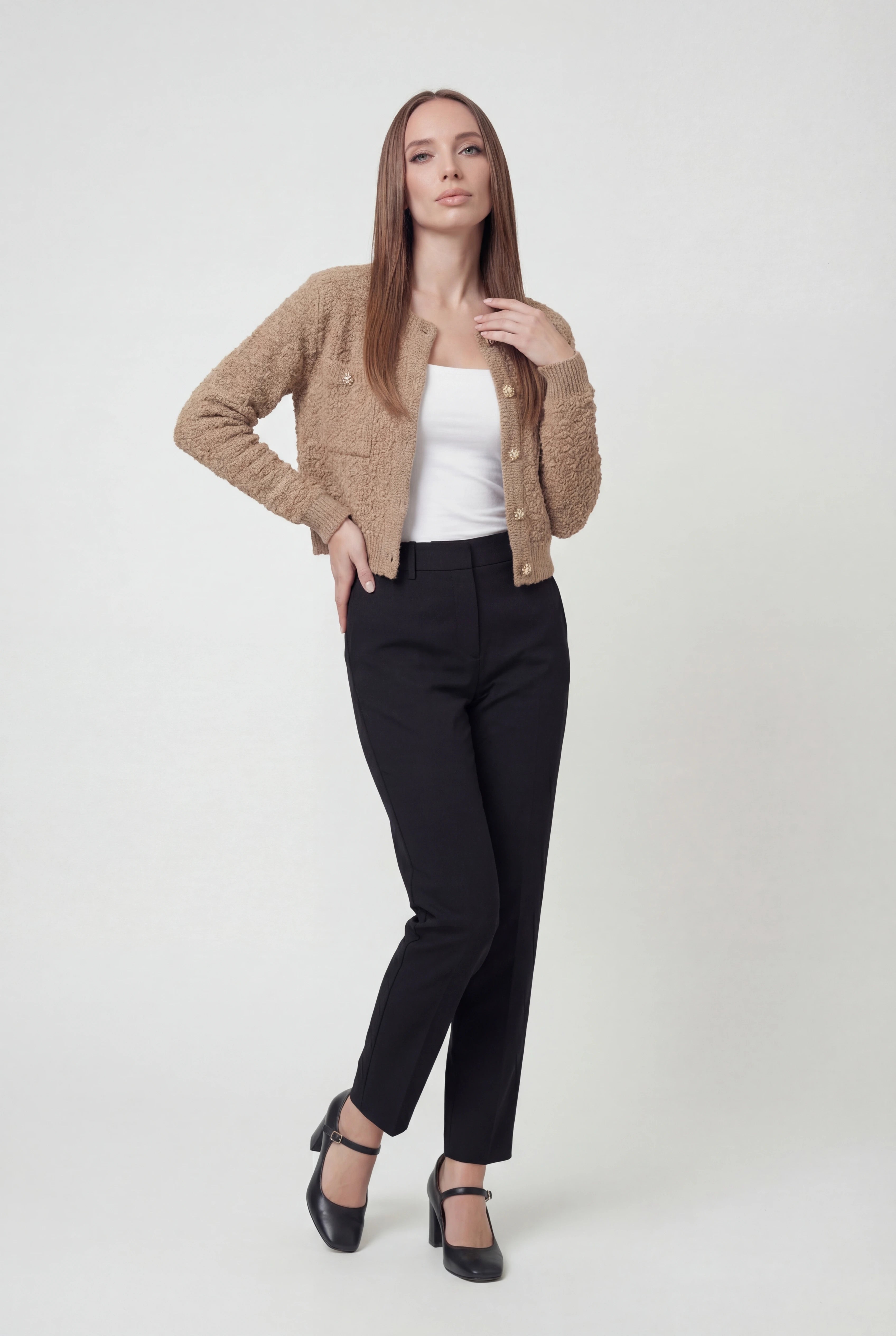 Sophia Lumina women's khaki knit cardigan with open front, cozy long-sleeve design, perfect for casual layering.