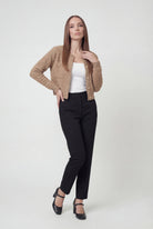 Sophia Lumina women's khaki knit cardigan with open front, cozy long-sleeve design, perfect for casual layering.