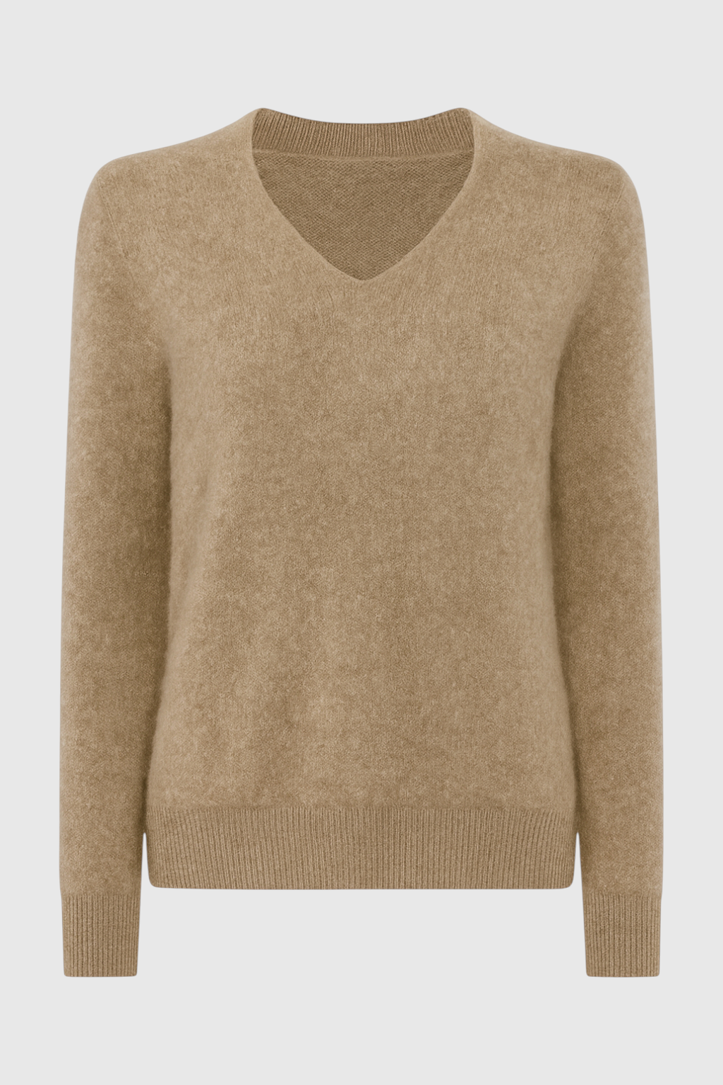 Lumina Wear Sophia cozy khaki knit sweater with V-neckline, featuring a soft, textured fabric and classic fit.