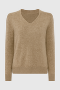 Lumina Wear Sophia cozy khaki knit sweater with V-neckline, featuring soft fabric and casual fit, displayed on a model.