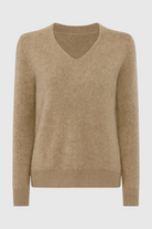 Lumina Wear Sophia cozy khaki knit sweater with V-neckline, featuring a soft, textured fabric and classic fit.