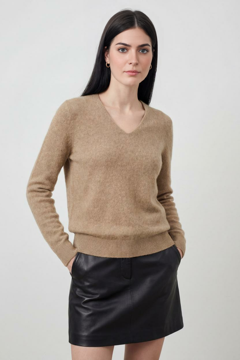 Lumina Wear Sophia cozy khaki knit sweater with V-neckline, featuring a soft, textured fabric and classic fit for casual wear.
