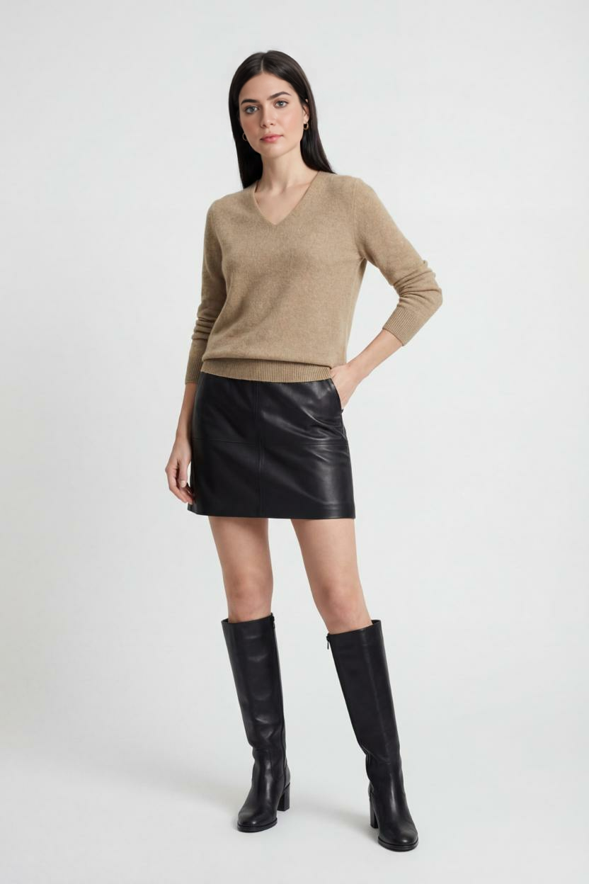 Sophia Lumina Wear cozy khaki knit sweater with V-neckline, soft and stylish for casual wear, size medium.