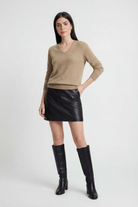 Sophia Lumina Wear cozy khaki knit sweater with V-neckline, soft and stylish for casual wear, size medium.