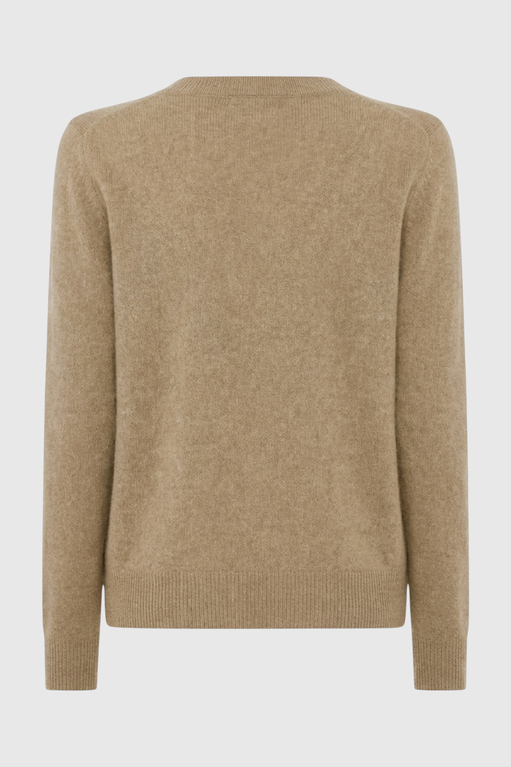 Lumina Wear Sophia cozy khaki knit sweater with V-neckline, featuring a soft, textured fabric and classic fit.