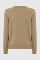 Lumina Wear Sophia cozy khaki knit sweater with V-neckline, featuring a soft, textured fabric and classic fit.
