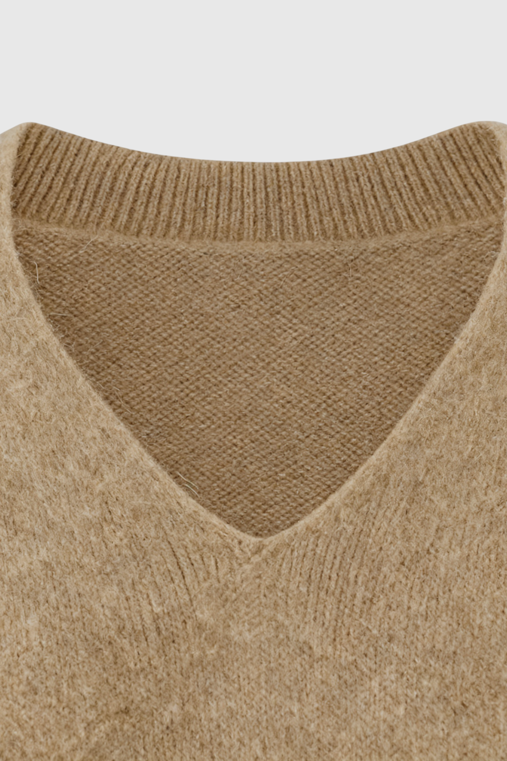 Lumina Wear Sophia cozy khaki knit sweater with V-neckline, featuring a soft, textured fabric and classic fit.