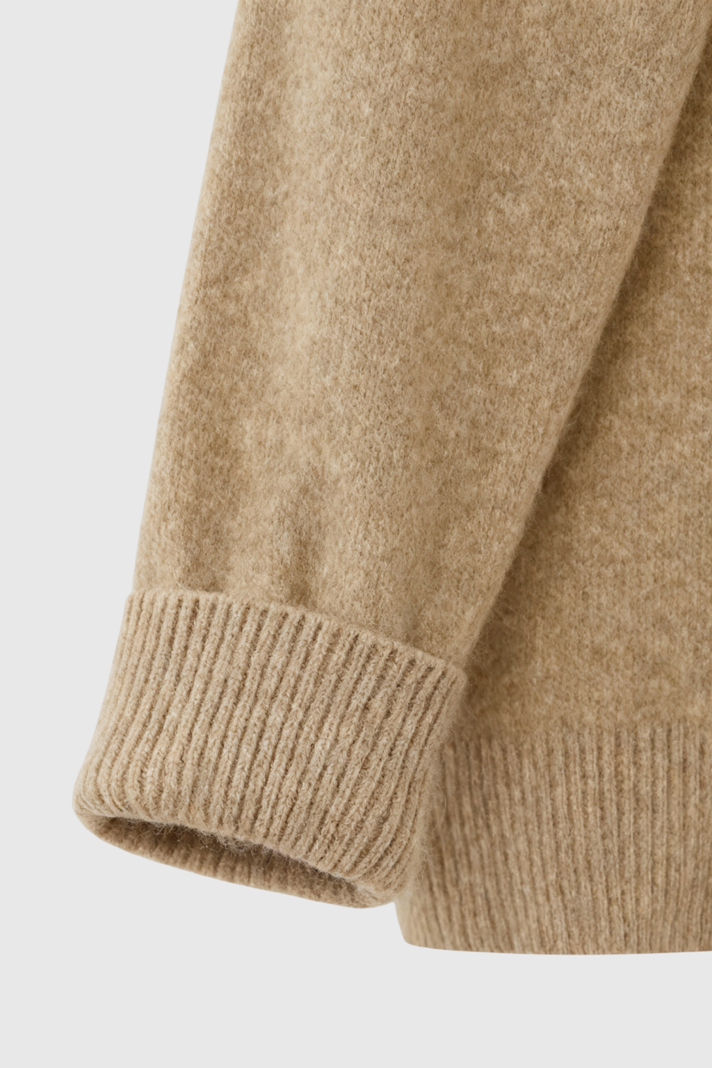 Lumina Wear Sophia cozy khaki knit sweater with V-neckline, featuring soft fabric and stylish fit, shown on a model.
