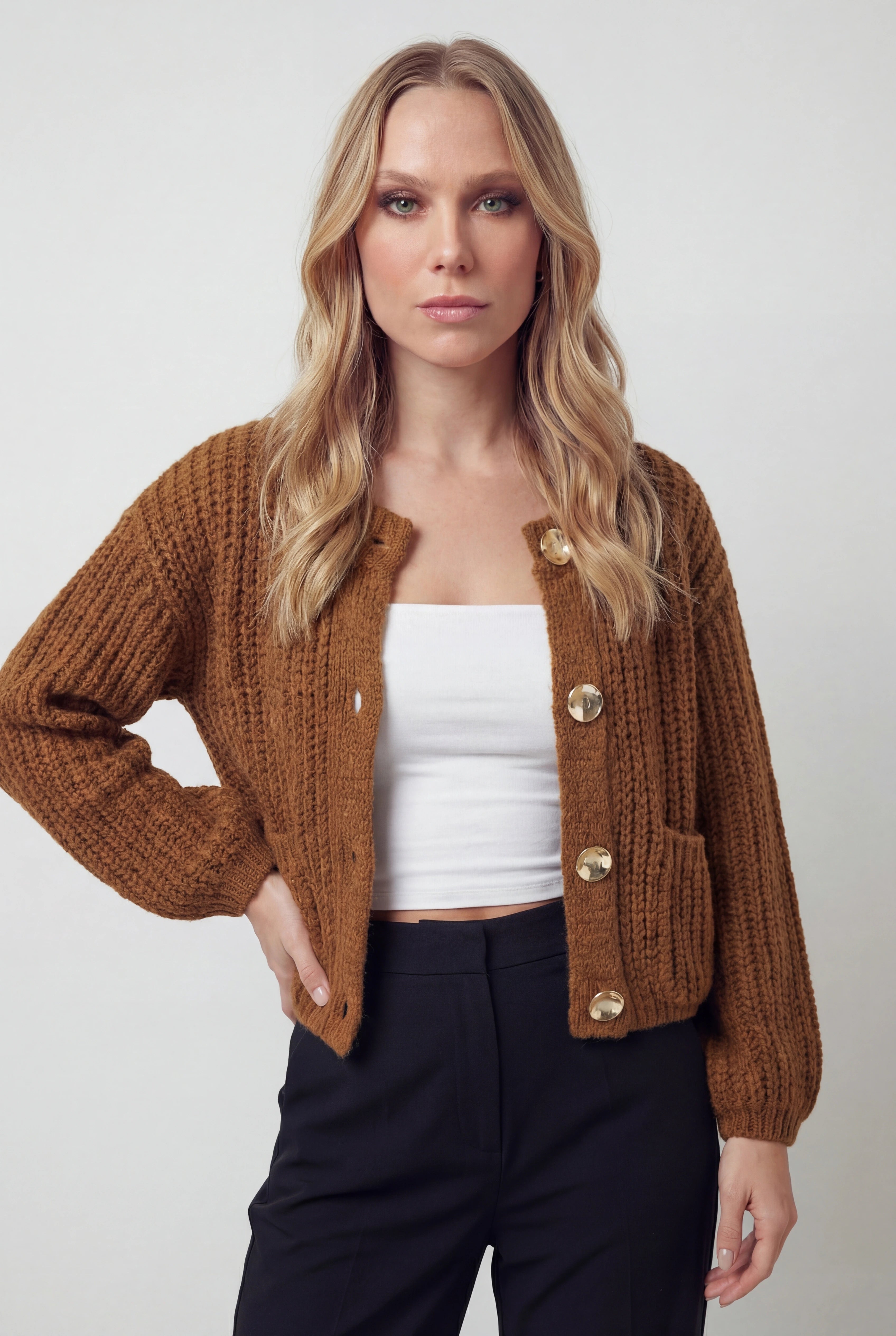Lumina Wear Sophia cozy long brown cardigan sweater with relaxed fit, draped open front and ribbed cuffs, casual and comfortable style.