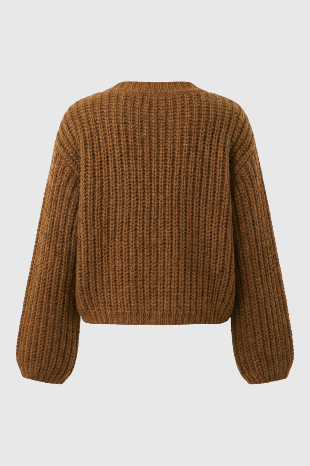 Sophia cozy long brown cardigan sweater with relaxed fit from Lumina Wear, displayed on a hanger.