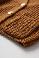Lumina Wear Sophia cozy long brown cardigan sweater with relaxed fit, shown on a model with open front and soft knit texture.